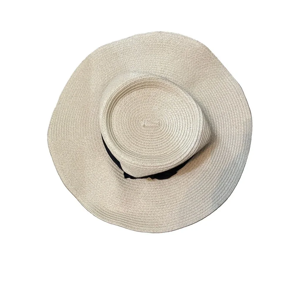 Liz Claiborne Straw Sun Hat Wide Brim Floppy Boho Black Ribbon Tan Beach NWOT